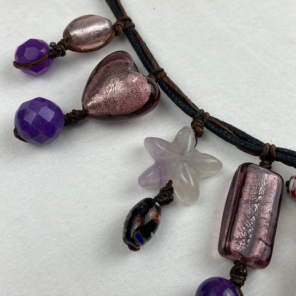 Corded braided dichroic glass polished stone w faceted Millefiori beads necklace